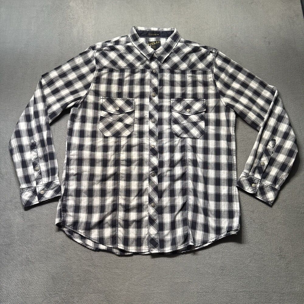 Helix Athletic Fit Mens XXL Western Plaid Front Snap Shirt Navy Gray White EUC
